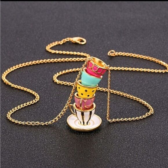 Adorable Hand Painted Enamel Teacups Stacked Necklace - Picture 2 of 4